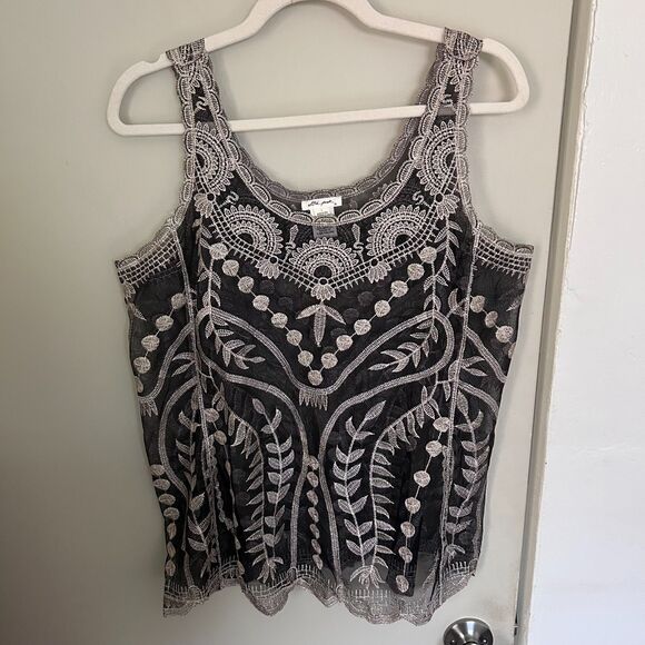 Ultra Pink Black Mesh Embroidered Tank Top Metallic Sheer Boho Festival Large - Picture 5 of 9